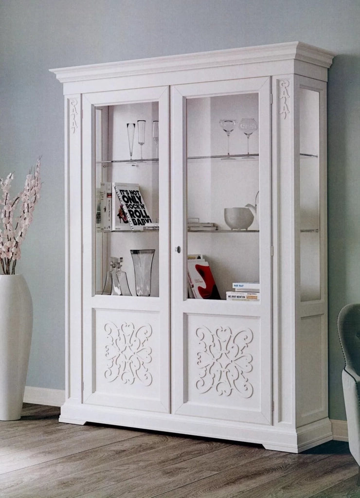 Vetrina classica decoro legno 2 porte shabby bianco 170x45x210 - Mobili 2G