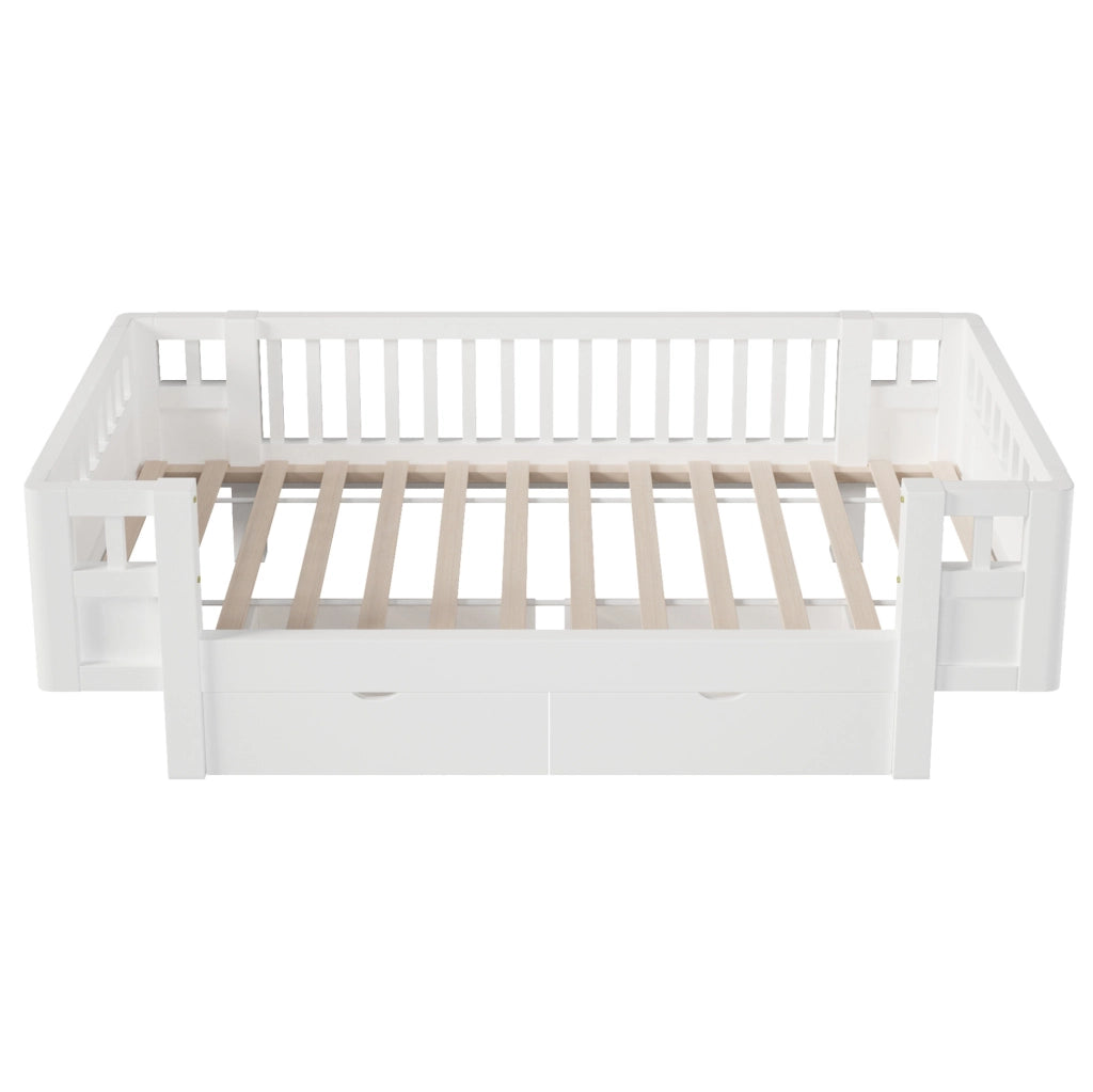 Letto pedana per bambini 90x200 cm con sponde alte e due grandi cassetti, bianco