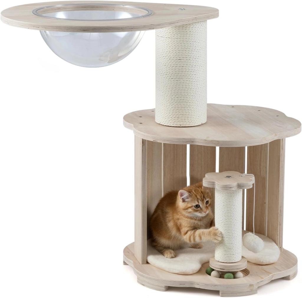 Albero tiragraffi 73 cm con tronco spesso 14 cm, capsula stanza, grotta, colonna tiragraffi, giocattolo e palla da appendere, albero per gatti e gatti