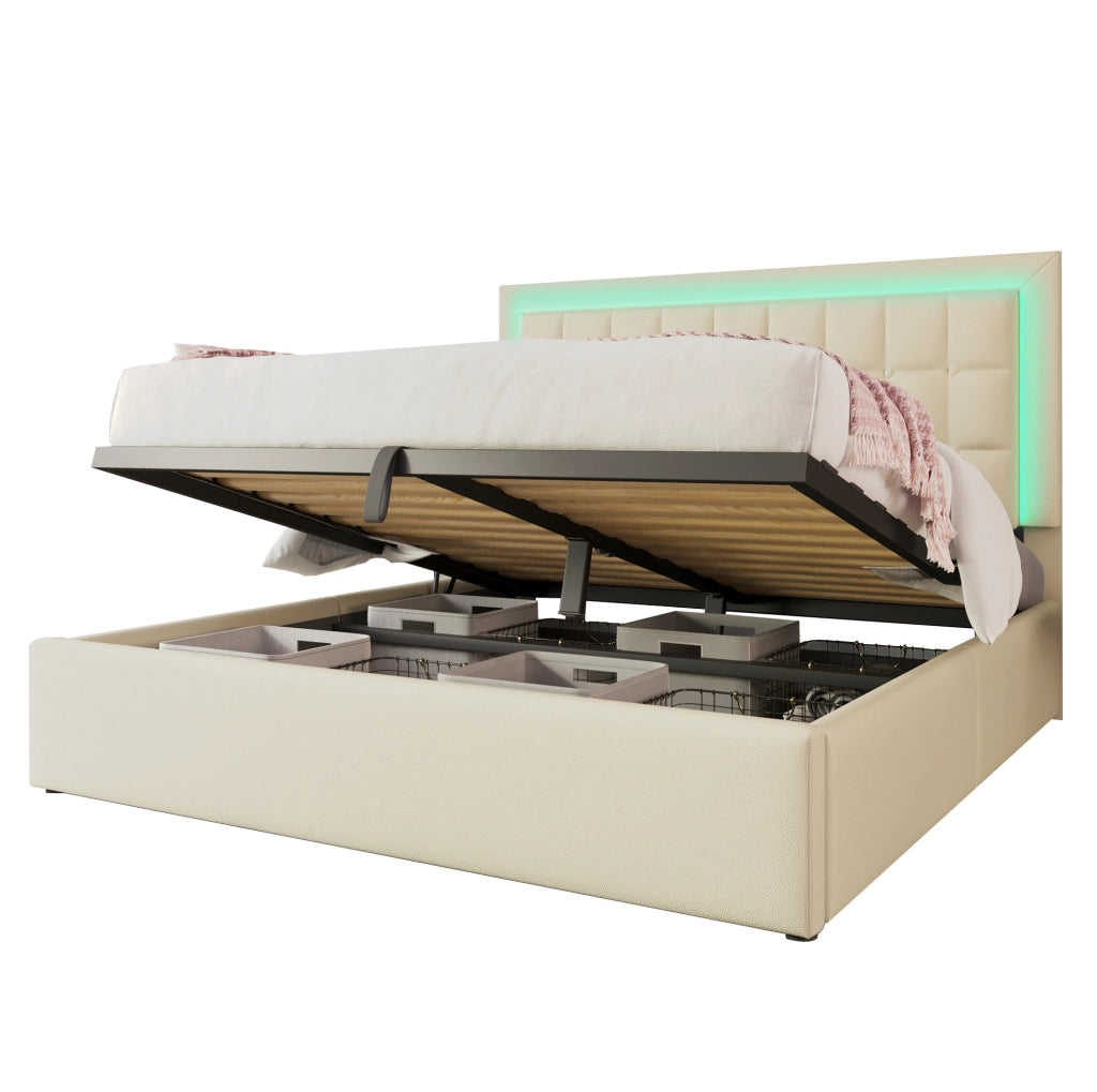 Letto matrimoniale 160x200 cm con contenitore; LED e rivestimento in PU bianco