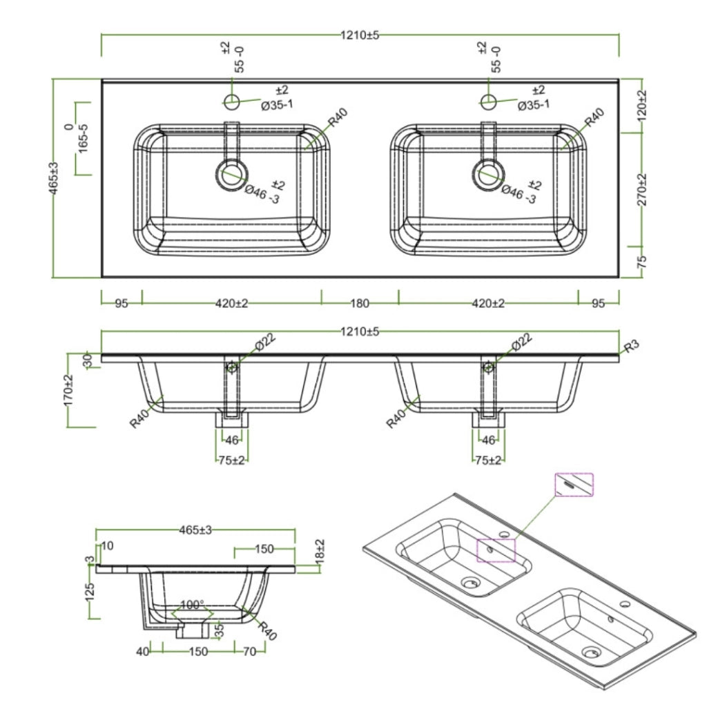 Lavabo ad incasso in ceramica bianco lucido per mobili bagno *** misure 121x46 cm, confezione 1