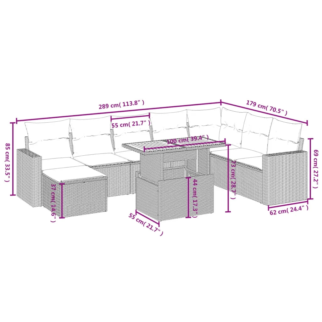 Set Divani da Giardino 9 pz con Cuscini Nero in Polyrattan 3275625