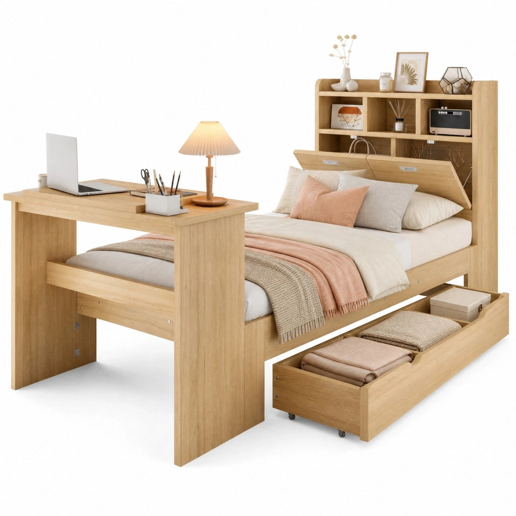 Letto singolo 90x200 cm in legno naturale con contenitore, mensola testiera, tavolo ribaltabile e cassetto reversibile