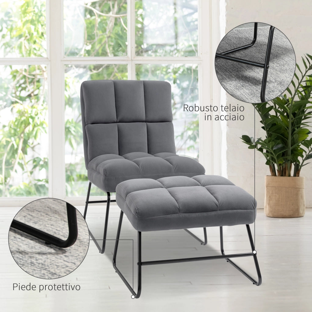 EASYCOMFORT  Poltrona Relax con Poggiapiedi per Interni, Set 2 Pezzi in Effetto Velluto e Metallo, Grigia