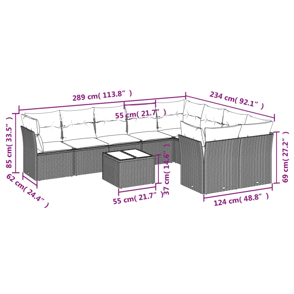 Set Divani da Giardino 10pz con Cuscini in Polyrattan Nero 3218175