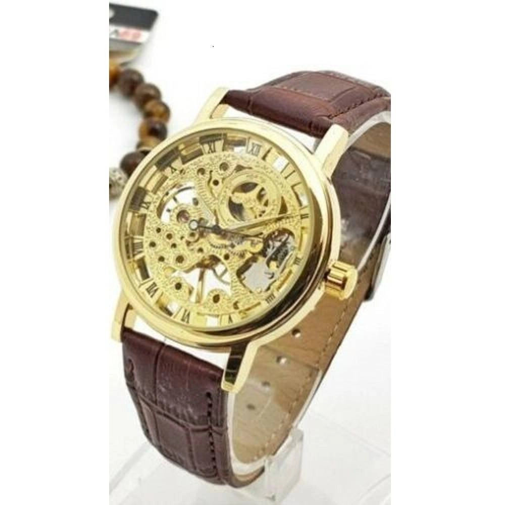 Trade Shop - Orologio Polso Zcc Uomo Automatico Cinturino Pelle Casual Marrone Fondo Dorato -