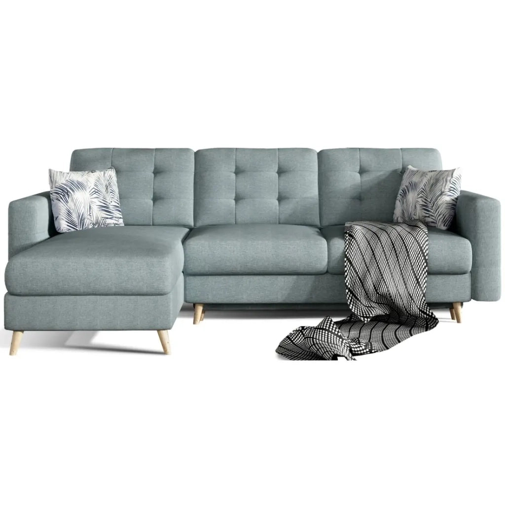 Divano angolare convertibile HASGARD 3 posti blu 248x162 cm – con vano contenitore e piedi in legno