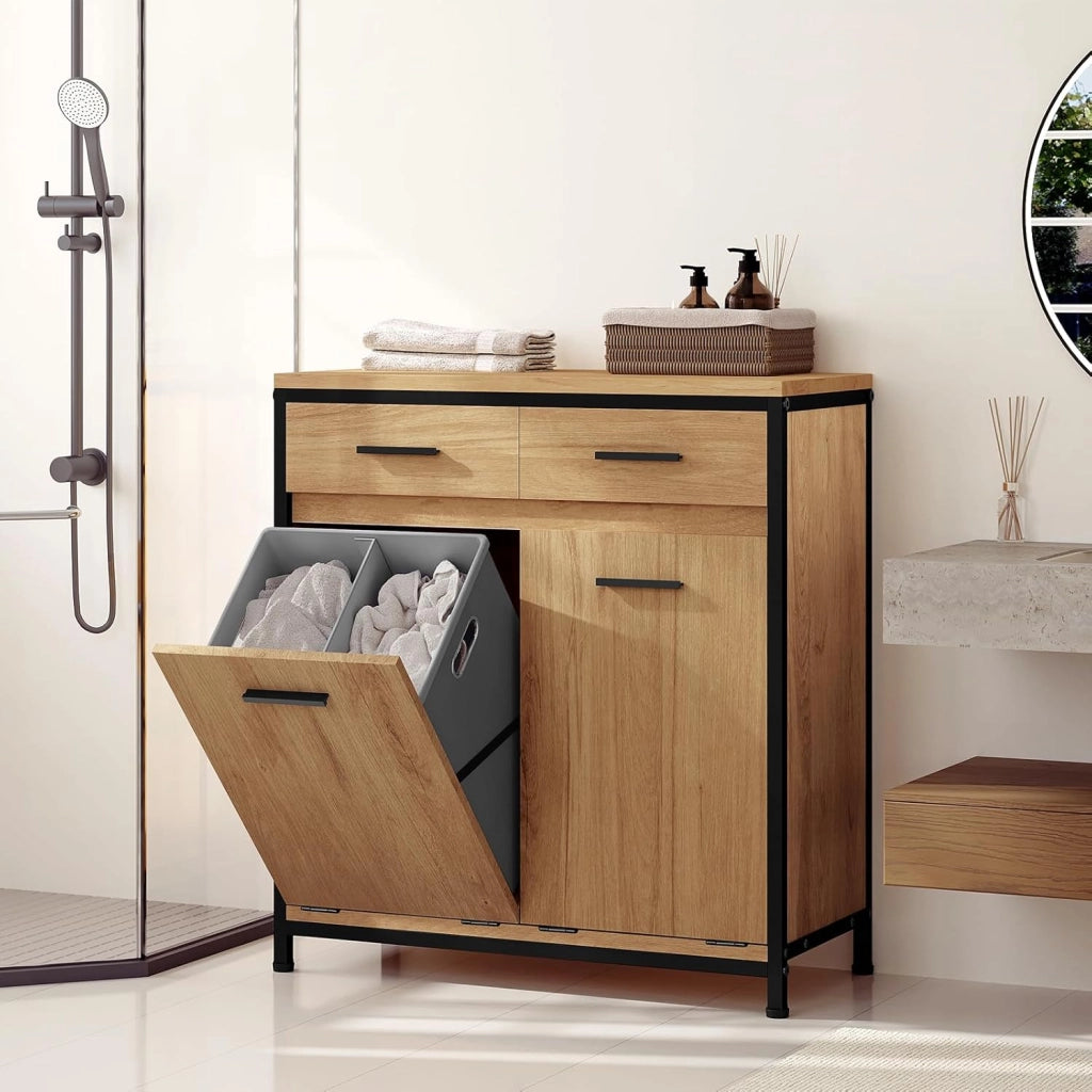 Mobile da Bagno con 2 Cassetti e 2 Sacchi per la Biancheria, in MDF con Struttura in Metallo, Rovere Chiaro + Nero, 72,5x34x80 cm
