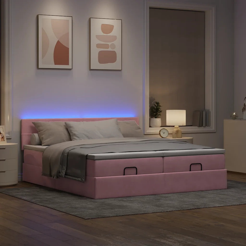 Struttura Letto Pouf con Materassi Rosa 160x200 cm Velluto