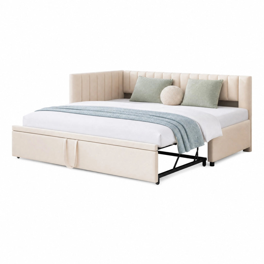Divano letto angolare multifunzionale 90x200 cm con letto estraibile; in velluto beige