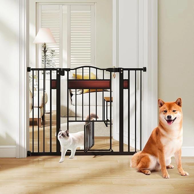 Cancelletto per Bambini per Aperture 74-104 cm, Cancello per Bambino con Porta Piccola, 2 Estensioni e Doppio Blocco, Cancelletto in Metallo da Interno per Cucina, Scale e Soggiorno (Nero)