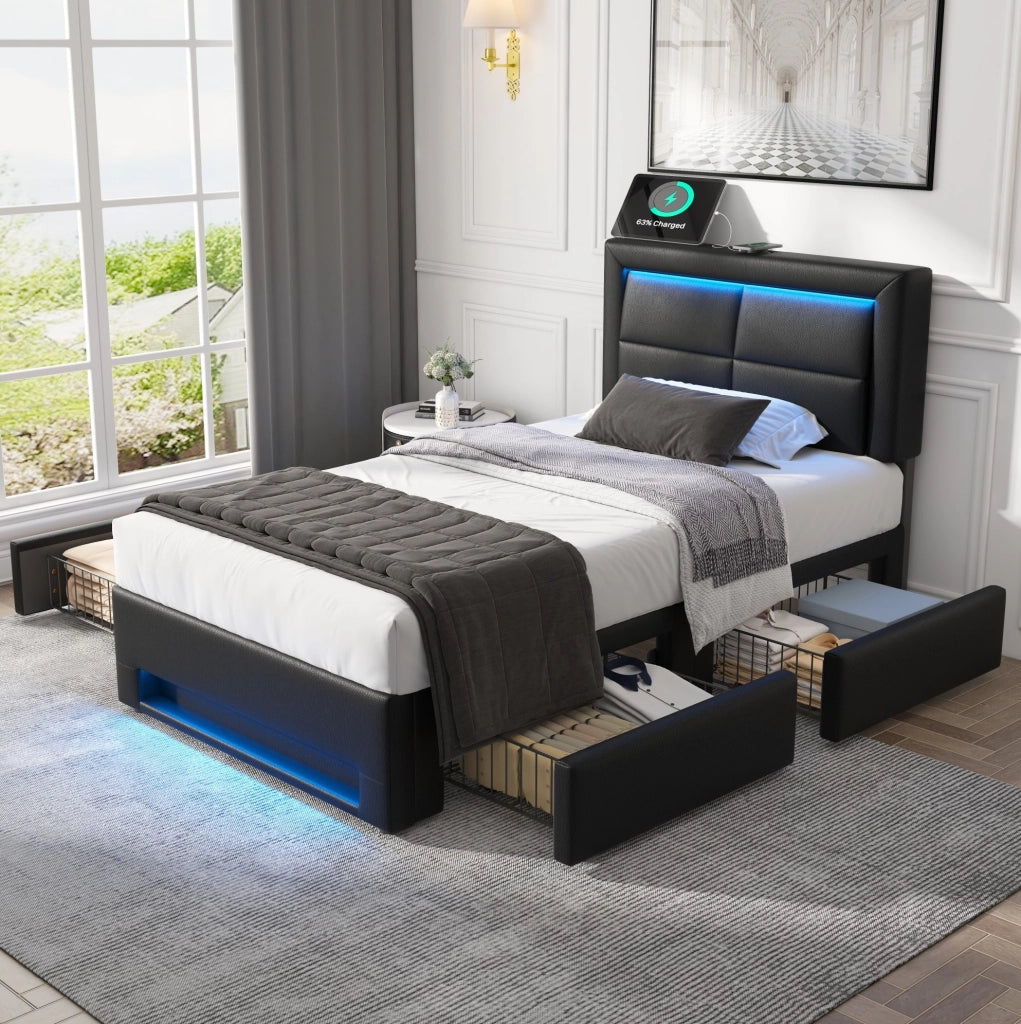 Letto imbottito 90 x 200 cm nero con USB, LED e 4 cassetti