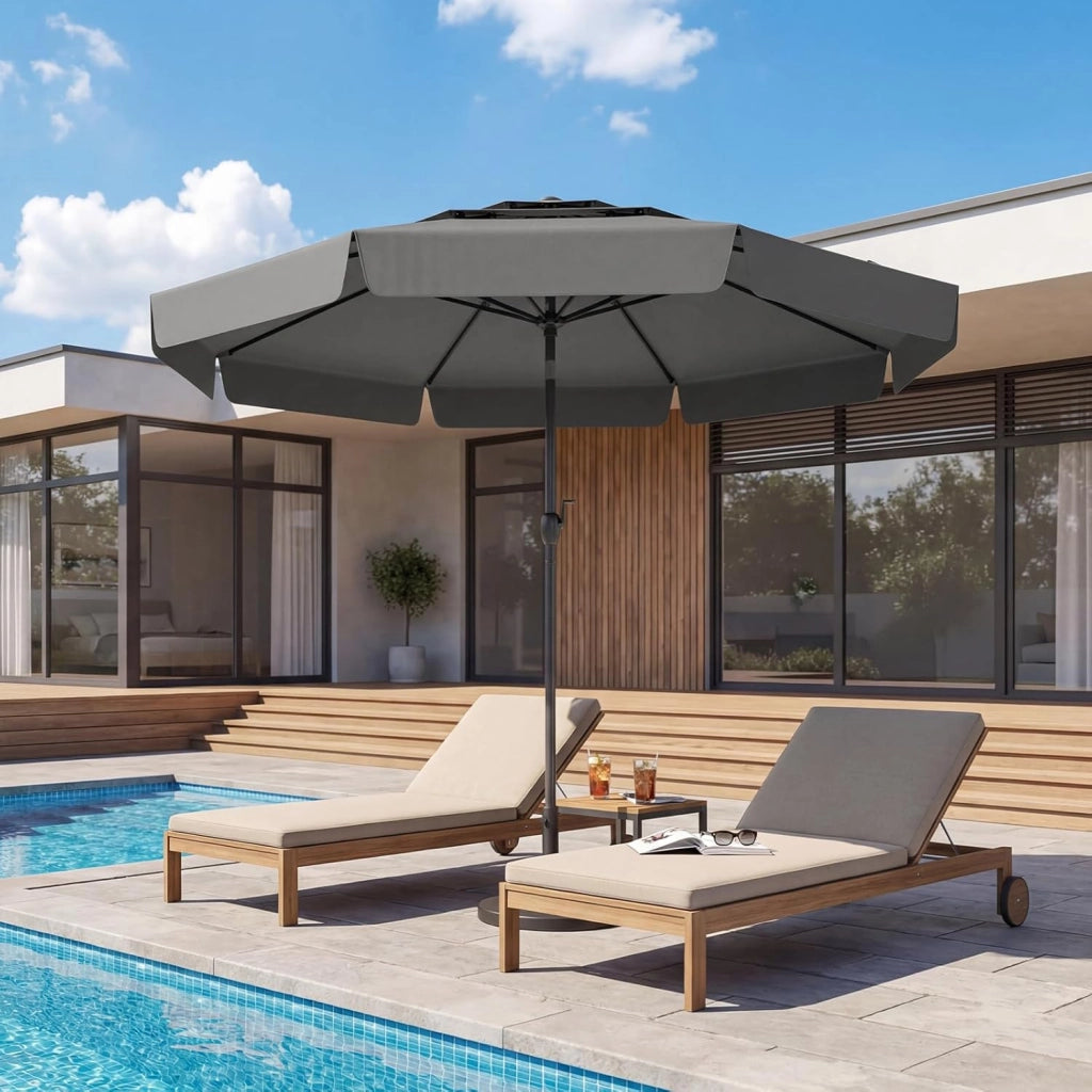 Ombrellone da Giardino 300 cm, con Regolazione Inclinazione, Manovella e 8 Stecche, Anti-UV, Tettuccio Ventilato a 3 Livelli (Grigio, 0 Luce)