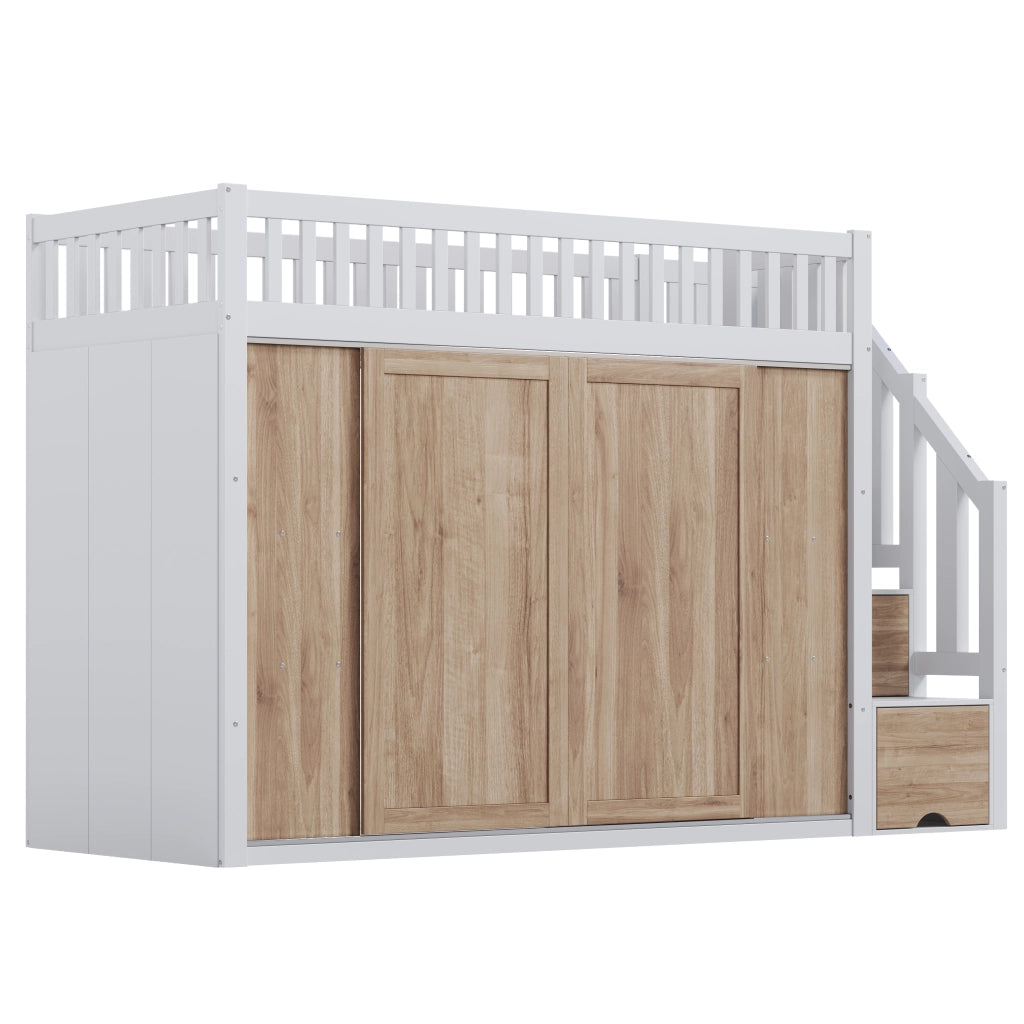 Letto a Soppalco Multifunzionale ¨C MINIMAL ¨C Bianco/Rovere, con Armadio, LED, 90x200