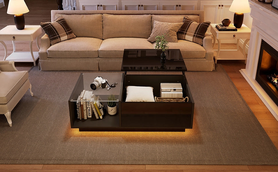TAVOLINO BASSO LED con piano sollevabile 100x50x33 cm Nero