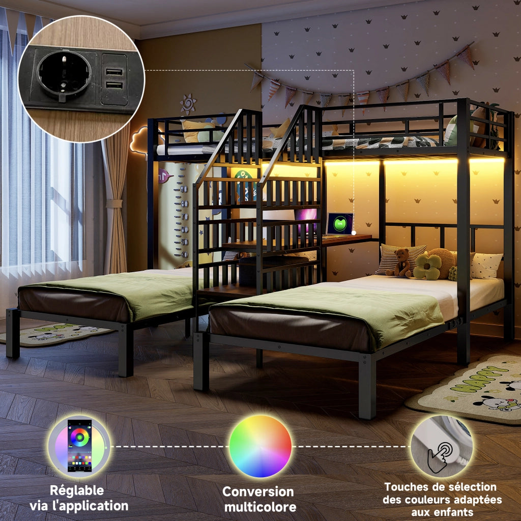 Letto a castello 90×200 cm 3 posti con LED; vano contenitore; ripiano; USB; presa e scrivania; senza materasso; nero