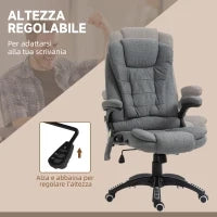 Sedia da Ufficio Massaggiante a 6 Punti Vibrante con Funzione Dondolo e Riscaldata, Poltrona Ufficio Reclinabile con Altezza Regolabile, Telecomando e Tasca Laterale in Tessuto, Grigio