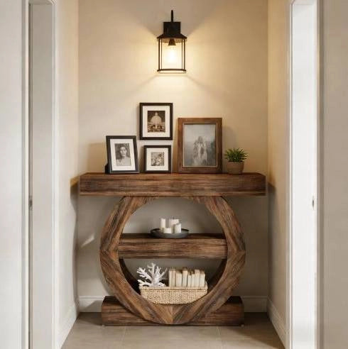 Tavolino consolle ULEVR 105x30x85 cm con 3 ripiani aperti, stile rustico, marrone rustico