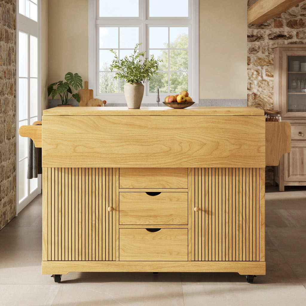 Carrello servitore con estensioni ribaltabili; altezza ergonomica 95 cm; 3 cassetti; marrone naturale