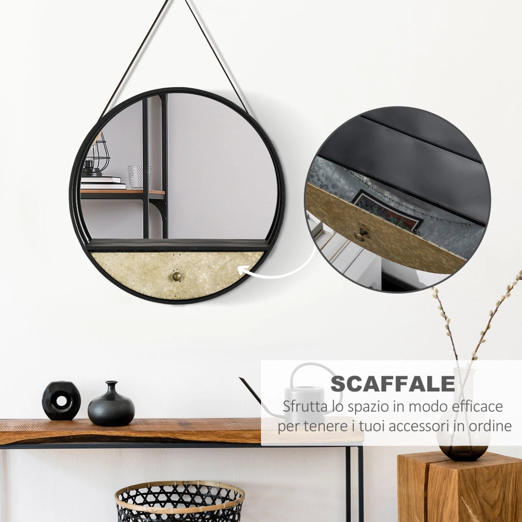 Specchio da Parete Rotondo ?61cm, Specchio Decorativo con Cassetto e Cornice in Metallo e MDF, Nero