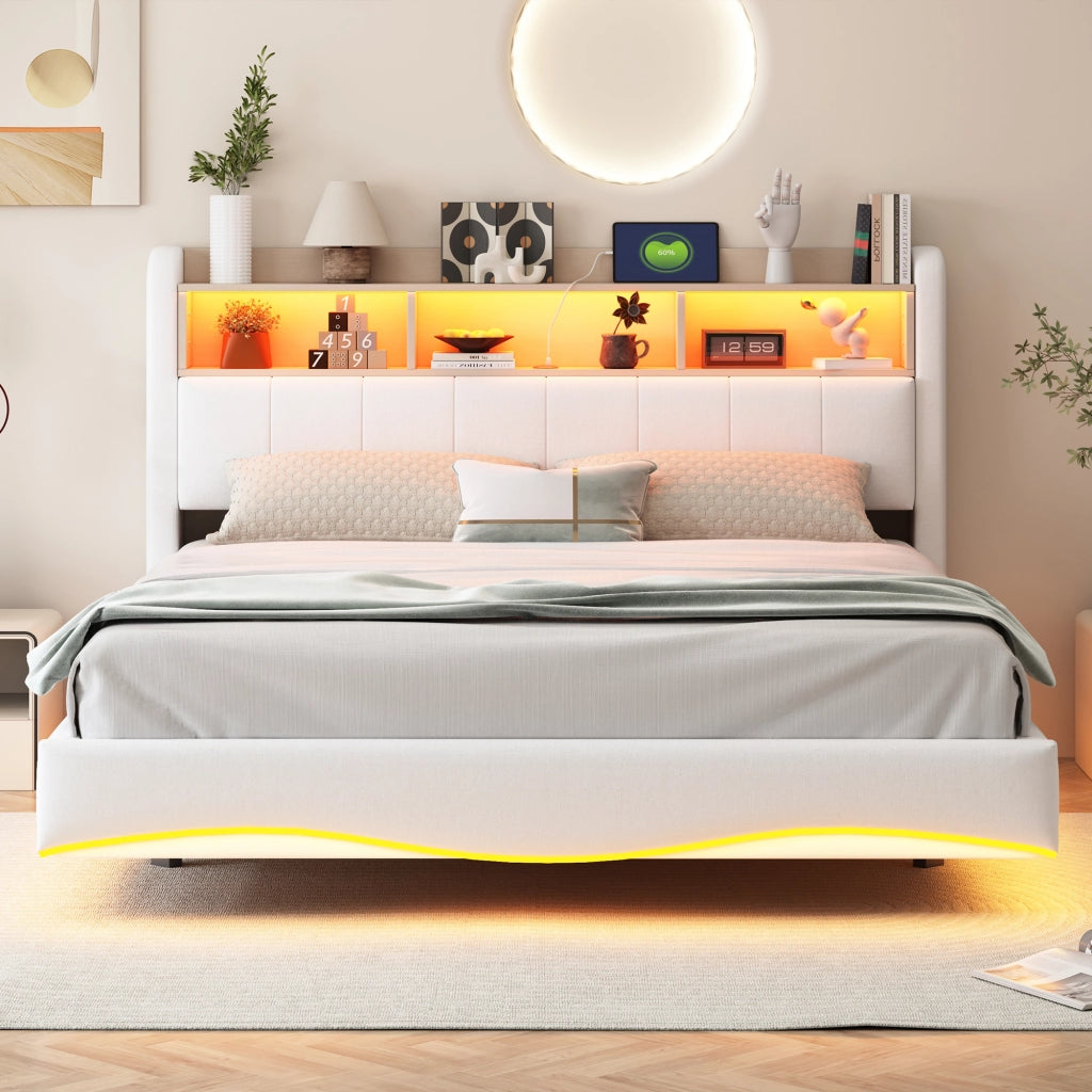OKWISH Letto Contenitore 160×200 cm, Letto Matrimoniale con LED Regolabile, USB, Tipo C e Vano Testiera, senza Materasso, Beige