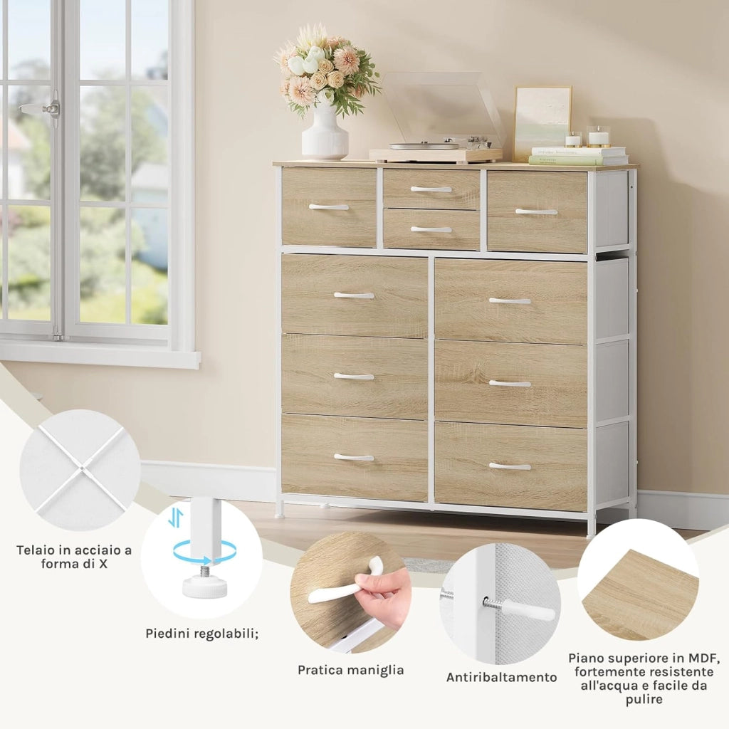 Cassettiera, 10 Cassetti di 3 Dimensioni per Camera da Letto/Corridoio/Soggiorno, Cassettiera in Tessuto, Rovere Chiaro+Bianco, Struttura in Metallo, Legno Lngegnerizzato E1