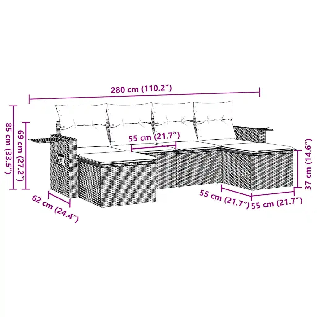 Set Divano da Giardino 6 pz | Set Salotto da Giardino con Cuscini Marrone in Polyrattan