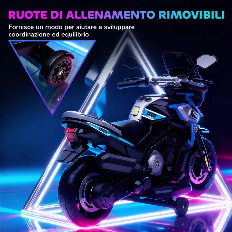 MOTO ELETTRICA PER BAMBINI CON ROTELLE, SPECCHIETTI E POGGIAPIEDI, IN PP E METALLO, 85.5X44.5X56 CM, BLU