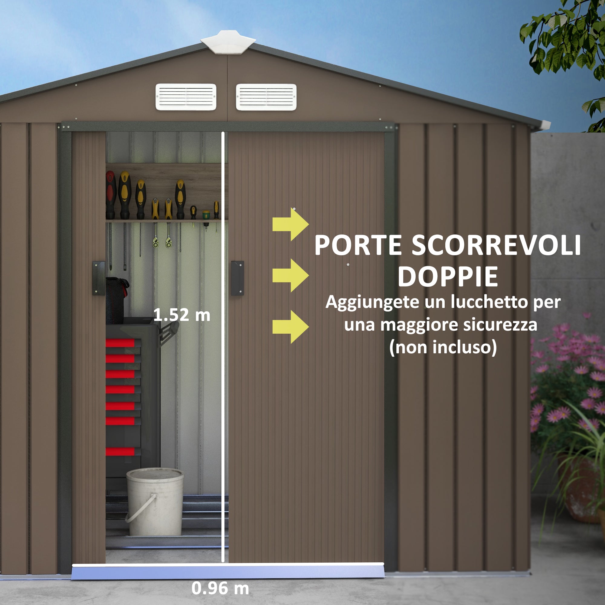 Casetta Box Da Giardino 2,1x1,3m con Prese d'Aria e Doppia Porta Scorrevole in Metallo Marrone