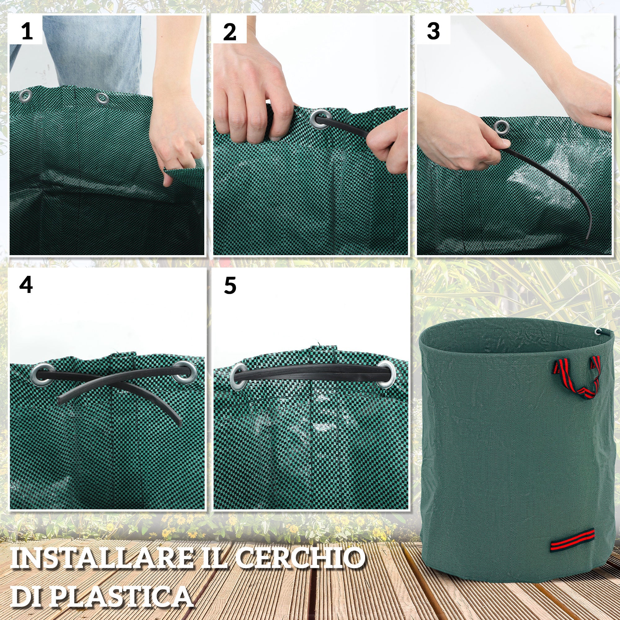Set 3 Sacchi per Rifiuti da Giardino Ø67x76 cm da 272 L Richiudibili e Riutilizzabili Verde
