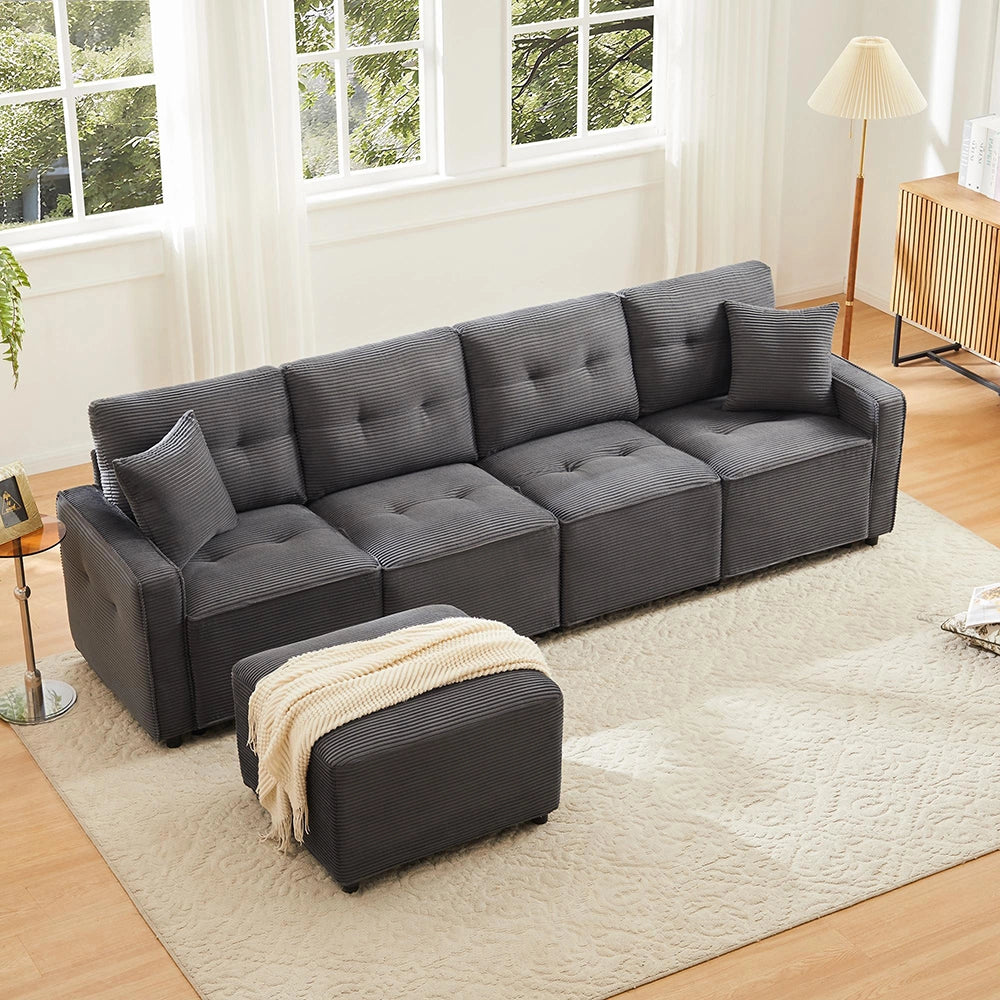 Divano 4 posti in velluto costato con pouf - Xylo - Grigio - 280x146x85 cm - Sedili con spazio di archiviazione