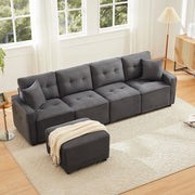 Divano 4 posti in velluto costato con pouf - Xylo - Grigio - 280x146x85 cm - Sedili con spazio di archiviazione