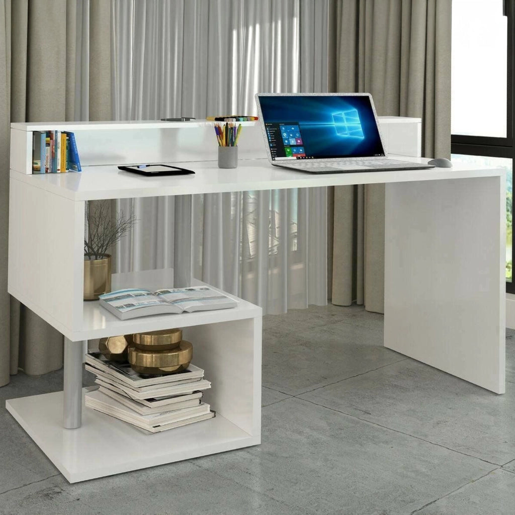Scrivania Kobenhavn, Scrittoio lineare con ripiani portaoggetti, Scrivania ufficio multiuso con sopralzo, 140x60h93 cm, Bianco