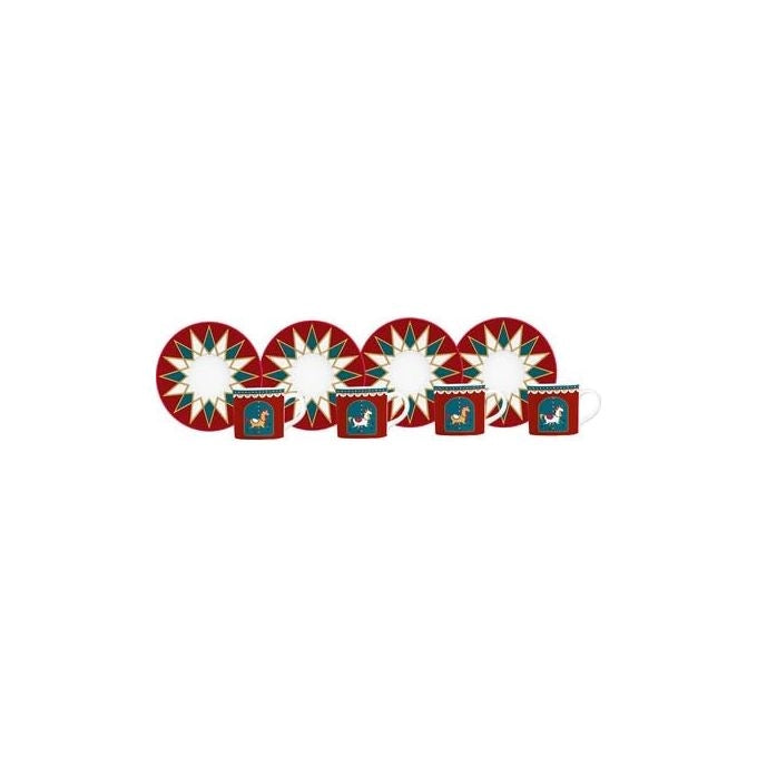Bialetti NGD24002 Winter Wonderland Set di 4 Tazzine da Caffe' con Piattino in Porcellana 80 ml colore Rosso Bianco Blu
