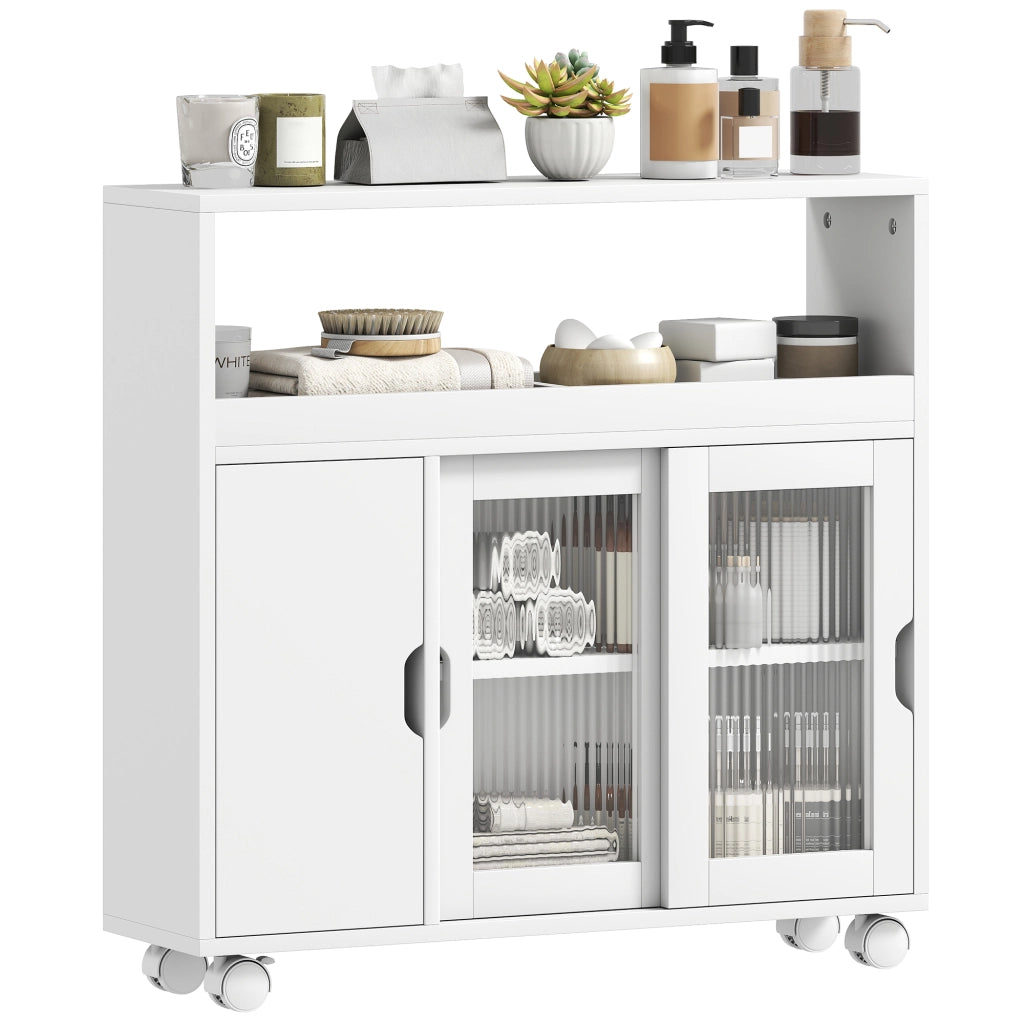 Mobile Bagno con Ante Vetro e Ruote ¨C Zephmum ¨C Bianco Legno 71x20x70 cm