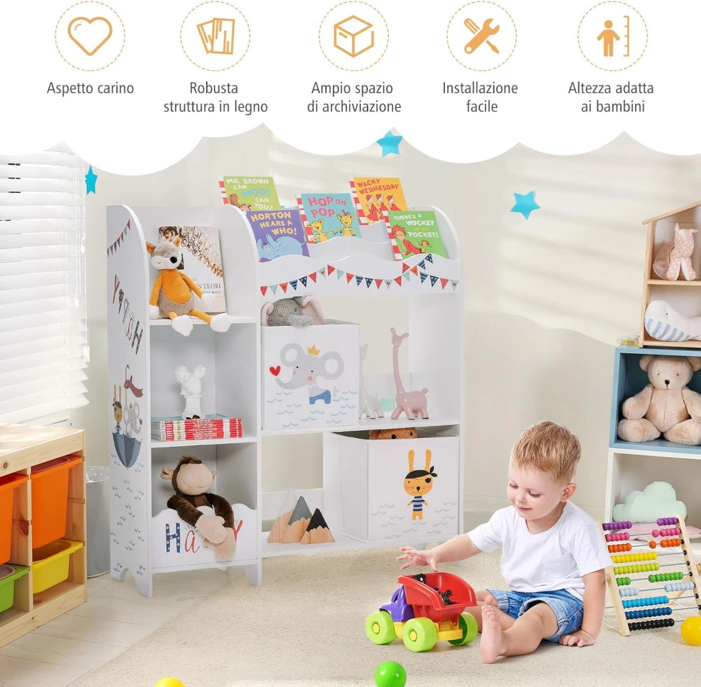 Armadio per Bambini, Scaffale di Legno con 3 Livelli e 5 Scompartimenti, 2 Cassetti in Tessuto e 3 Spazi per Giocattoli e Libri, Scaffale Verticale per Bambini, Bianco (Pirata Animale)