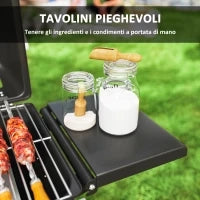 Barbecue a Gas Portatile con 2 Bruciatori e 2 Tavolini, Coperchio con Termometro e Ruote, Nero