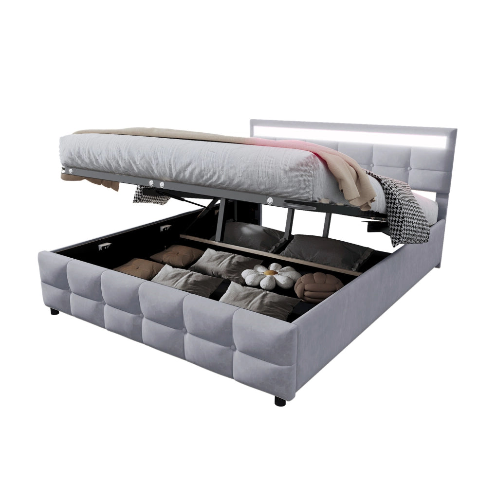 Letto matrimoniale imbottito 180x200 cm con LED; contenitore idraulico; velluto olandese grigio
