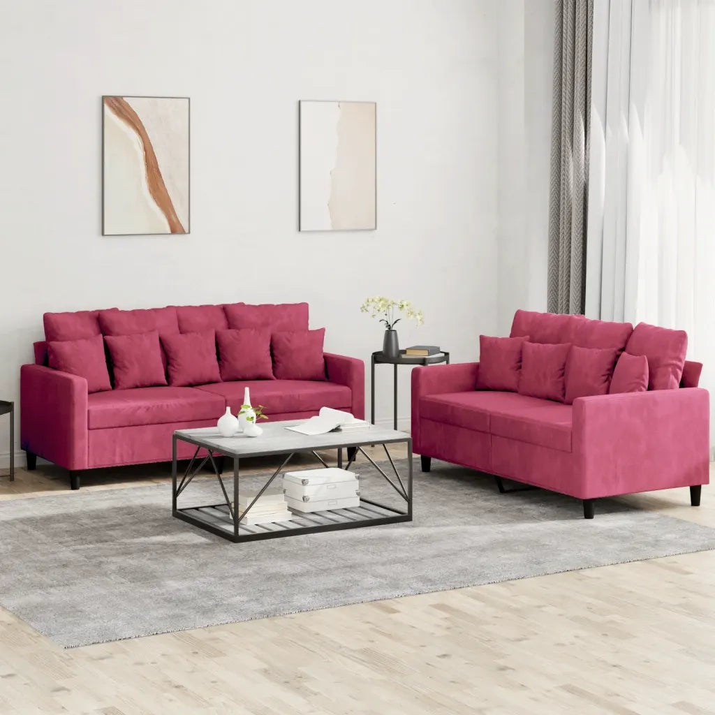 Set di Divani 2 pz con Cuscini Rosso Vino in Velluto 3201704