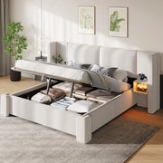 Letto contenitore 140x200 cm beige con LED e sollevamento idraulico in lino