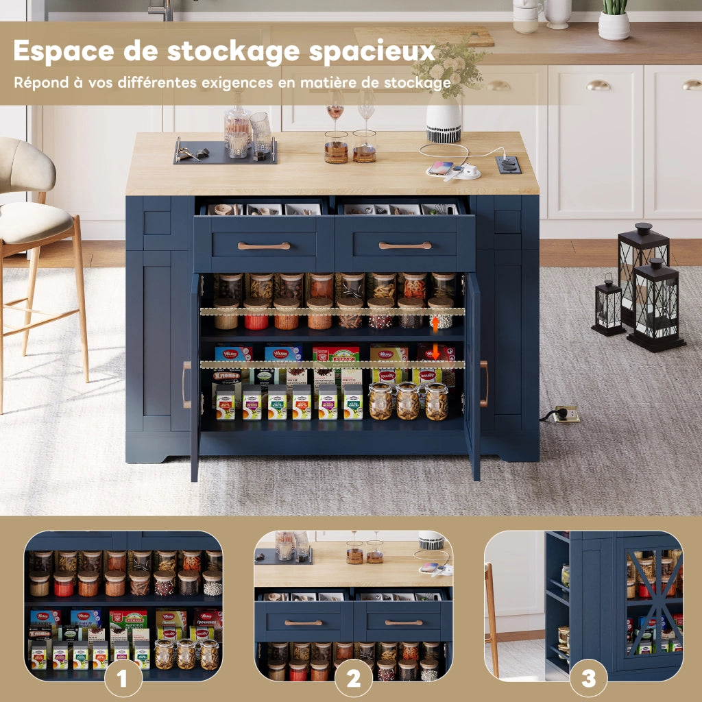 Carrello Da Cucina con 2 Ante in Vetro; 1 Cassetto; 6 Ripiani Aperti; Piano Pieghevole e Porte USB con Ruote; in MDF; 120 x 40 x 92 cm; Blu e Naturale