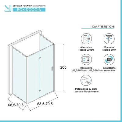 Box doccia 70x70x70 cm porta a soffietto trasparente H 200 cm Ted