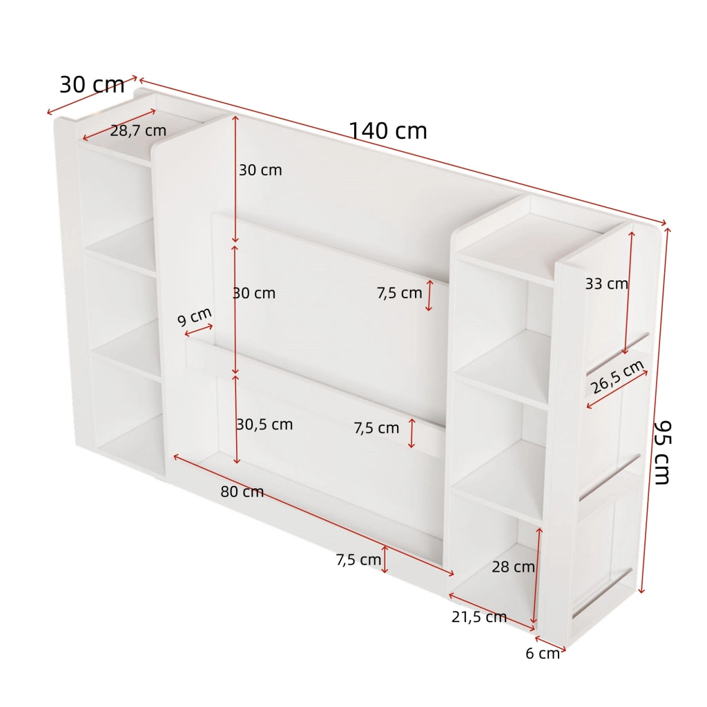 Libreria per bambini con contenitori, scaffale porta libri e giochi, mobile in MDF bianco 140 x 30 x 95 cm