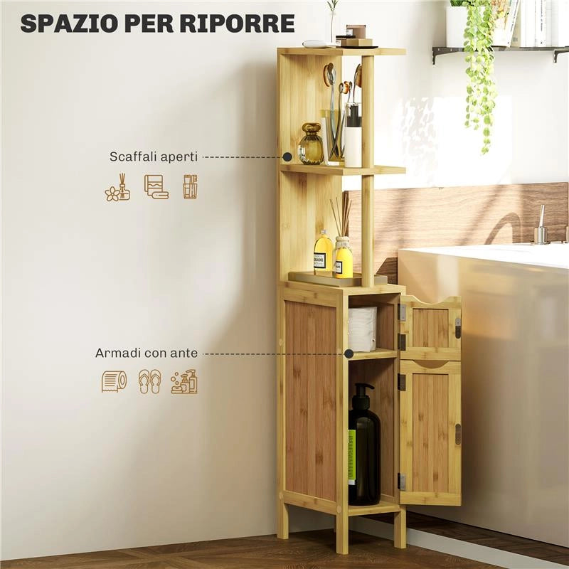 COLONNA BAGNO CON RIPIANI APERTI E ARMADIETTI CON ANTE MAGNETICHE, 18X30X120 CM, COLORE LEGNO