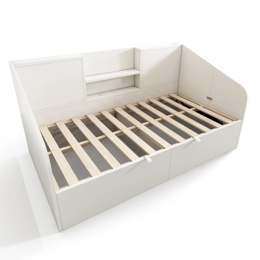 Letto a Divanetto 90 x 190 cm - Contenitore; USB; Type-C e Mensole - Bianco