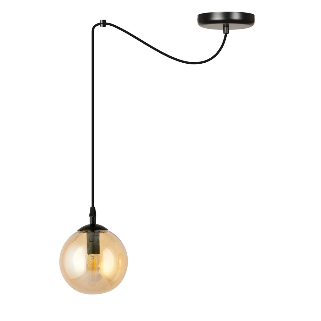 Sospensione 1 Luce Ginevra In Acciaio Nero Con Cavo Lungo E Vetro Ambra