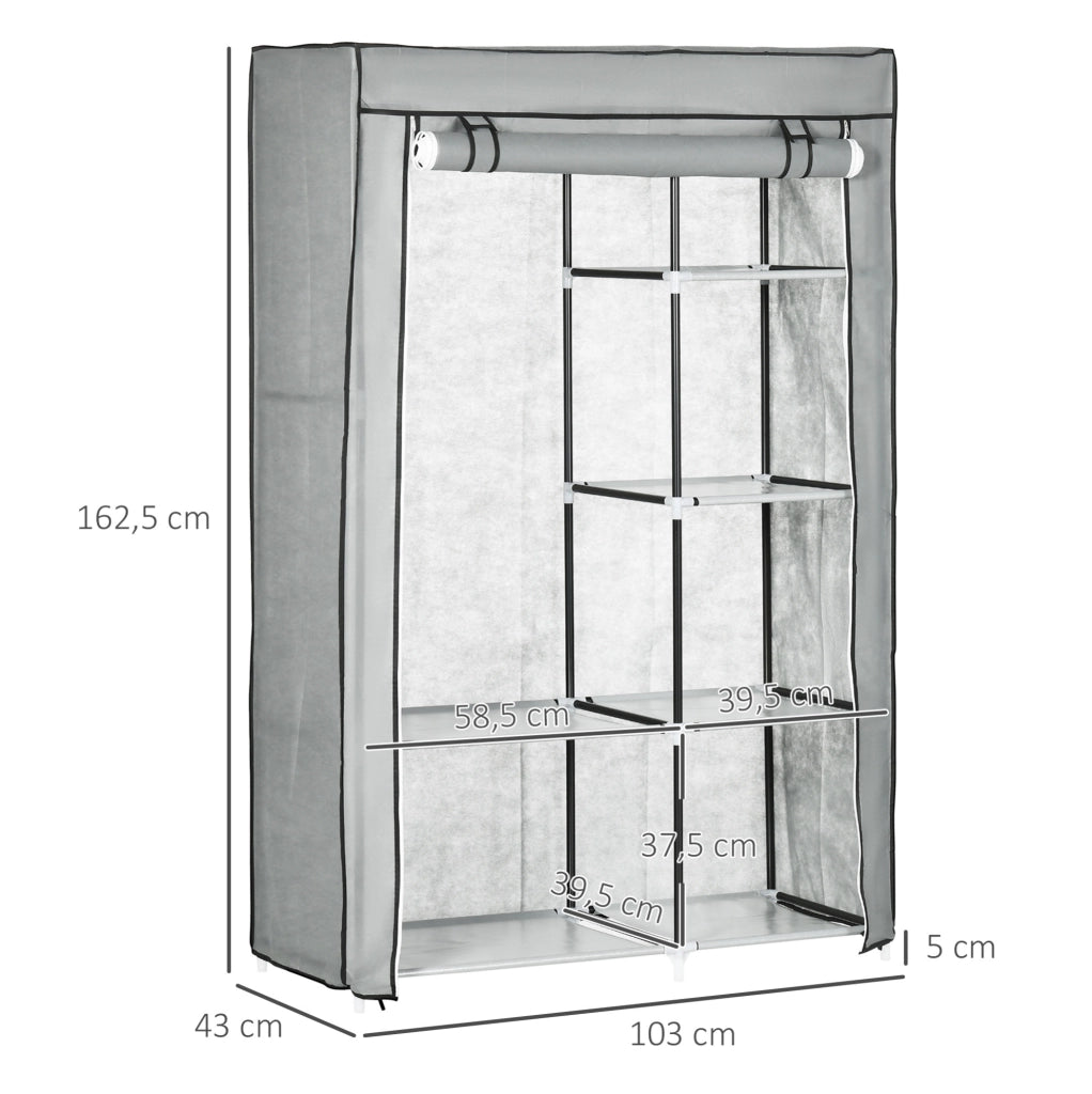 Armadio in tessuto ULEVR 103x43x162,5 cm con barra appendiabiti e 6 ripiani, grigio