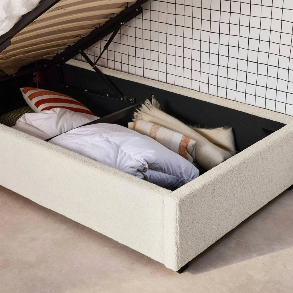 Struttura letto con contenitore e testiera 90x190cm, imbottita bouclé,