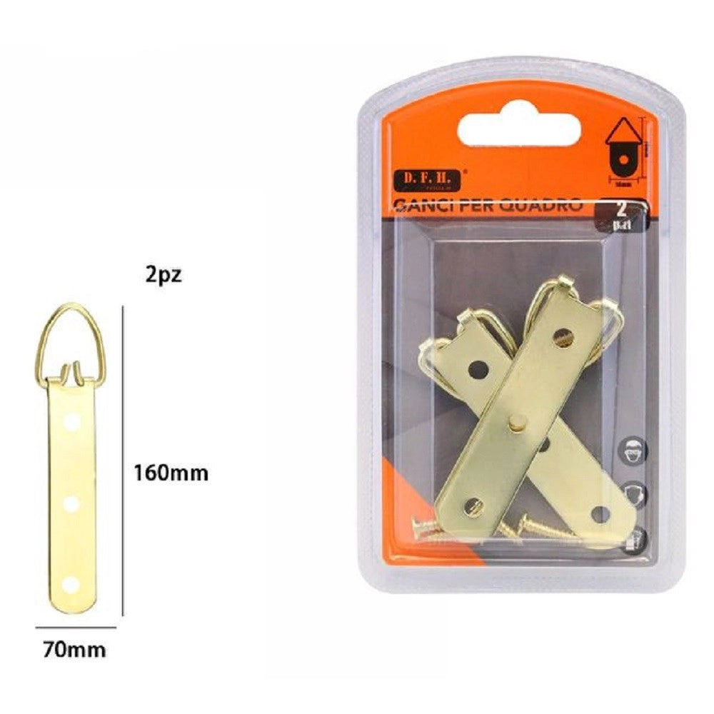 Trade Shop - Set 2 Pezzi Ganci Dorati Per Quadri Cornici Appendere Parete 70 X 160 Mm 07515 -