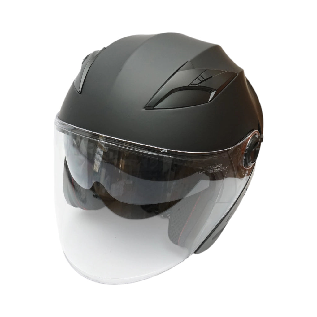 Casco da moto jet nero, modello urbano con visiera trasparente e occhiali da sole, taglia L